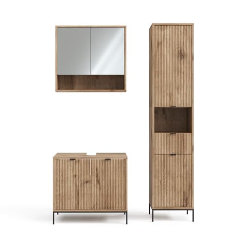 Vicco Badmöbel-Set Viking Oak Eliza, bestehend aus Bad Spiegelschrank, Waschbeckenunterschrank, Hochschrank - Unterschrank- und Hängeschrank-Kombination von Vicco