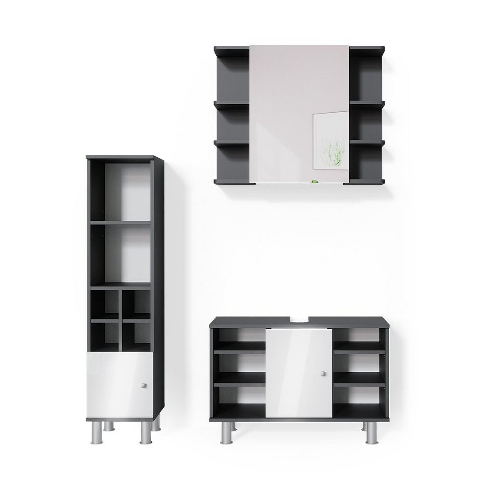 Vicco Badmöbel-Set Fynn, Anthrazit/Weiß, 3 Teile, mit Midischrank Tür klein, (3-er Set, 3-St., 3-er Set) von Vicco