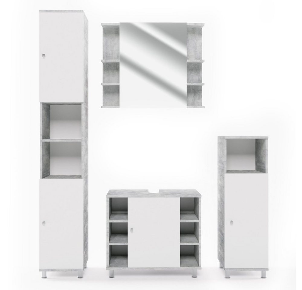 Vicco Badmöbel-Set Fynn, Beton/Weiß, 4 Teile, (4-er Set, 4-St., 4-er Set) von Vicco