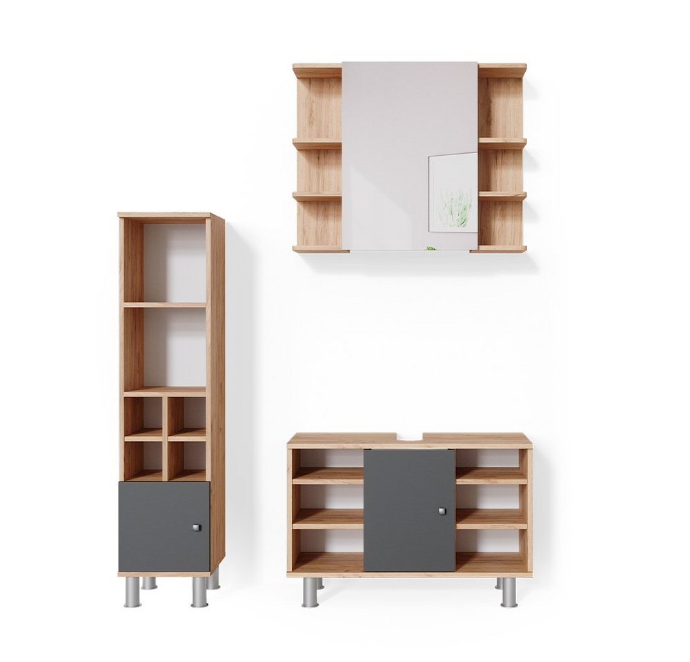 Vicco Badmöbel-Set Fynn, Goldkraft Eiche/Anthrazit, 3 Teile, mit Midischrank Tür klein, (3-er Set, 3-St., 3-er Set) von Vicco
