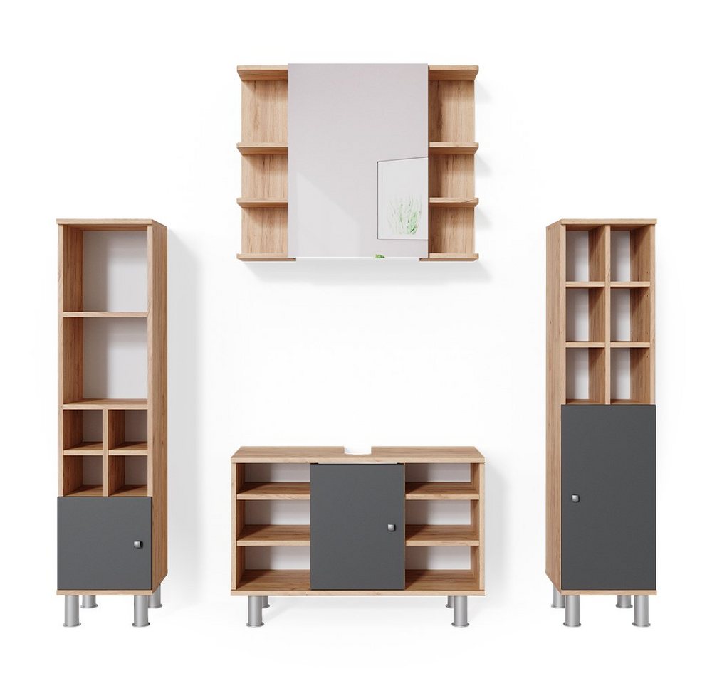 Vicco Badmöbel-Set Fynn, Goldkraft Eiche/Anthrazit, 4 Teile, mit Midischränke, (4-er Set, 4-St., 4-er Set) von Vicco