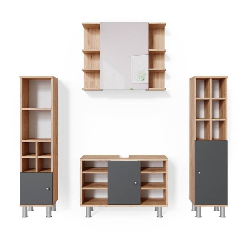 Vicco Badmöbel-Set Fynn, Goldkraft Eiche/Anthrazit, 4 Teile, mit Midischränke, (4-er Set, 4-St., 4-er Set) von Vicco