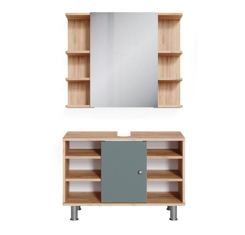 Vicco Badmöbel-Set Fynn, Grün/Goldkraft Eiche, 2 Teile, Unterschrank 80 cm, (2-er Set, 2-St., 2er Set) von Vicco