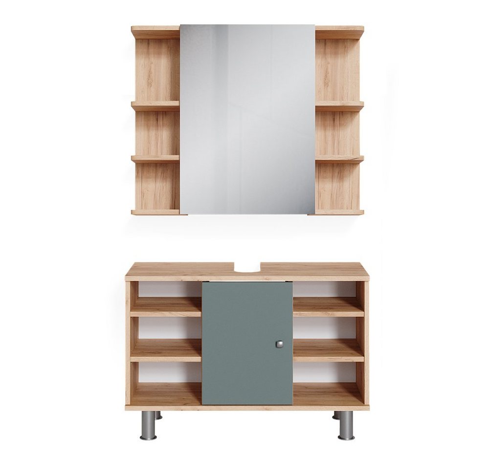 Vicco Badmöbel-Set Fynn, Grün/Goldkraft Eiche, 2 Teile, Unterschrank 80 cm, (2-er Set, 2-St., 2-er Set) von Vicco