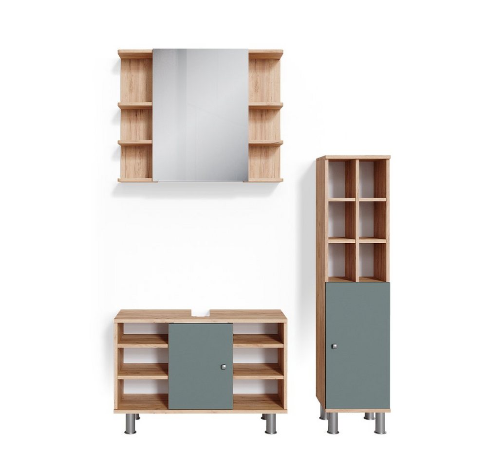 Vicco Badmöbel-Set Fynn, Grün/Goldkraft Eiche, 3 Teile, mit Midischrank Tür groß, (3-er Set, 3-St., 3er Set) von Vicco