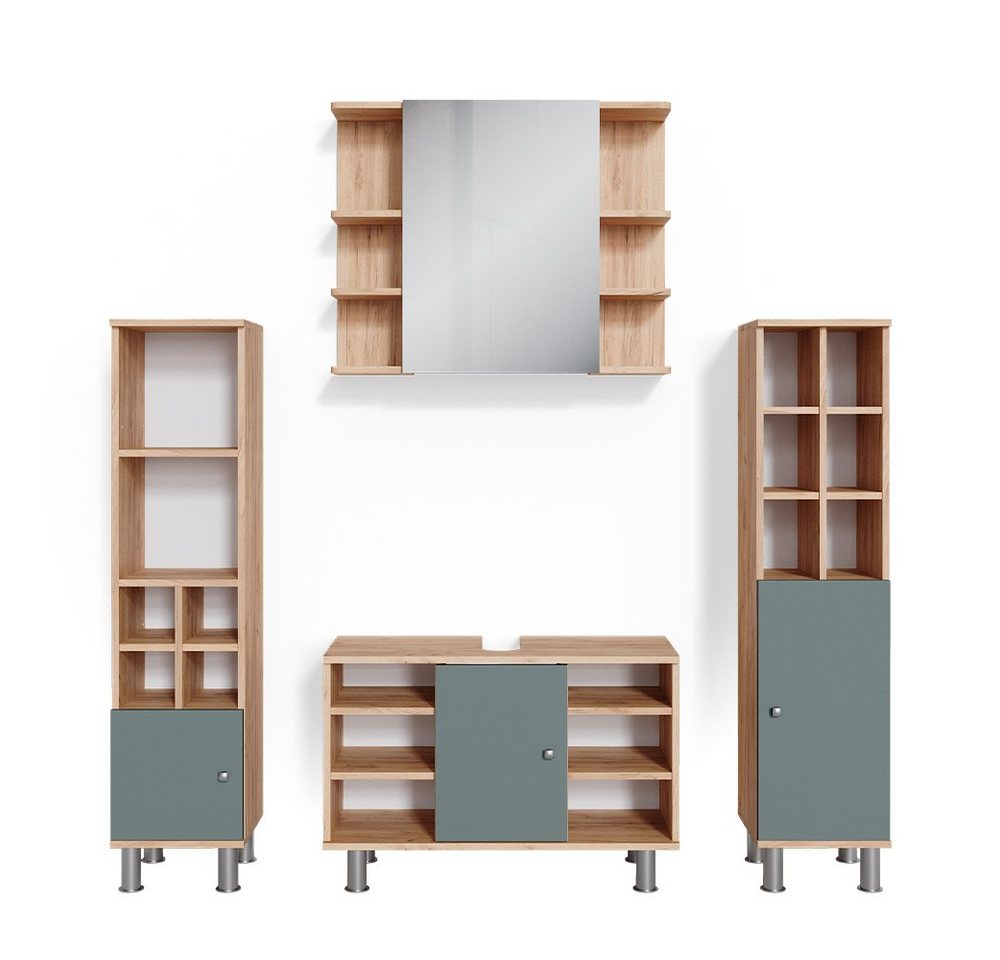 Vicco Badmöbel-Set Fynn, Grün/Goldkraft Eiche, 4 Teile, mit Midischränke, (4-er Set, 4-St., 4er Set) von Vicco