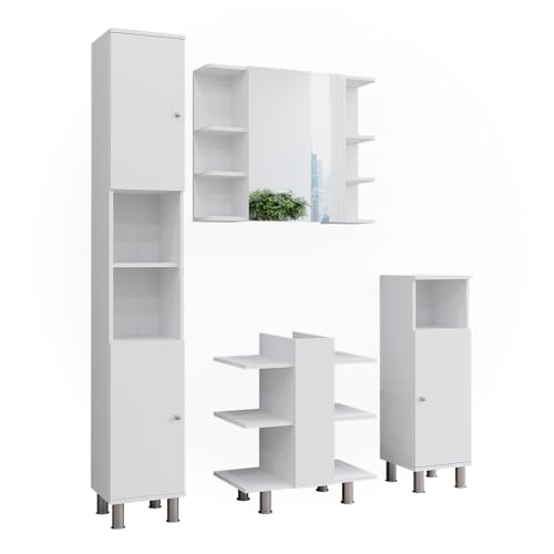 Vicco Badmöbel-Set Weiß Fynn, bestehend aus Badspiegelschrank, Waschbeckenunterschrank, Midischrank, Hochschrank - mit Fächern für Flexible Aufbewahrung von Vicco