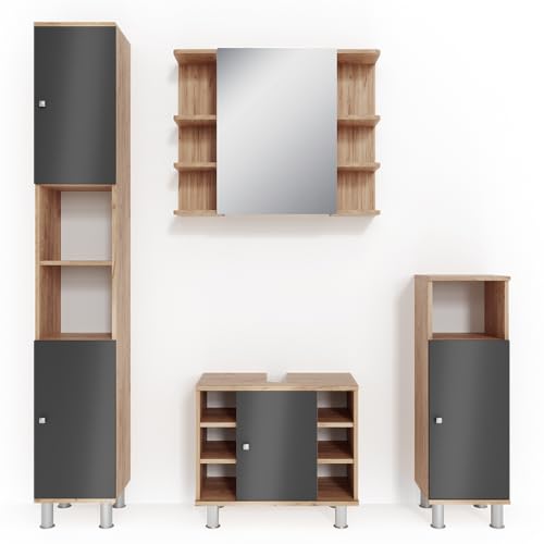 Vicco Badmöbel-Set Eiche Fynn, bestehend aus Badspiegelschrank, Waschbeckenunterschrank, Midischrank, Hochschrank - Offene und geschlossene Fächer für Flexible Aufbewahrung von Vicco