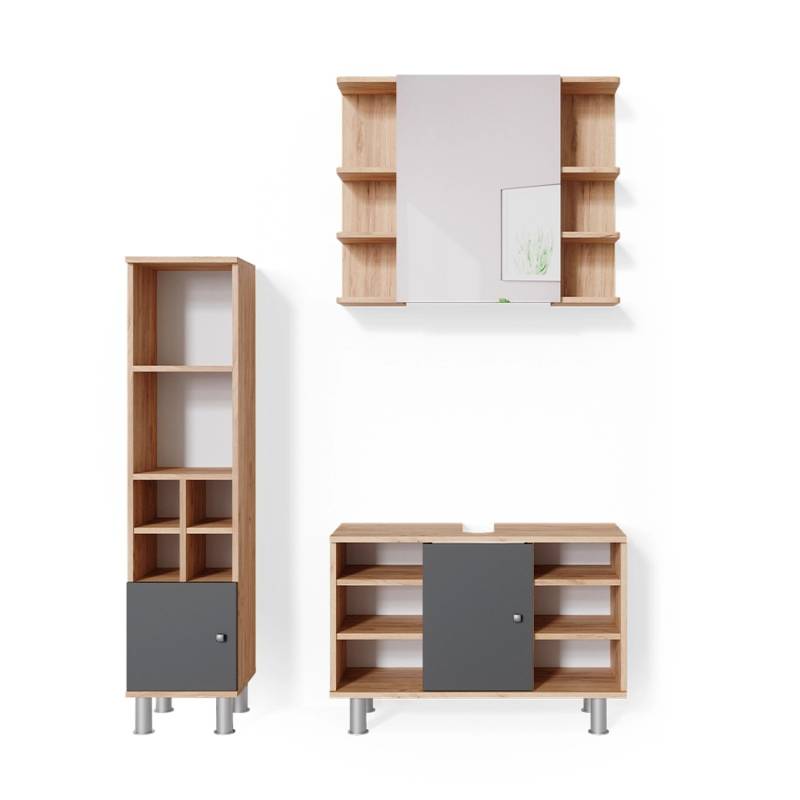Vicco Badmöbel-Set Fynn Goldkraft Eiche/Anthrazit 3 Teile mit Midischrank Tür Klein von Vicco