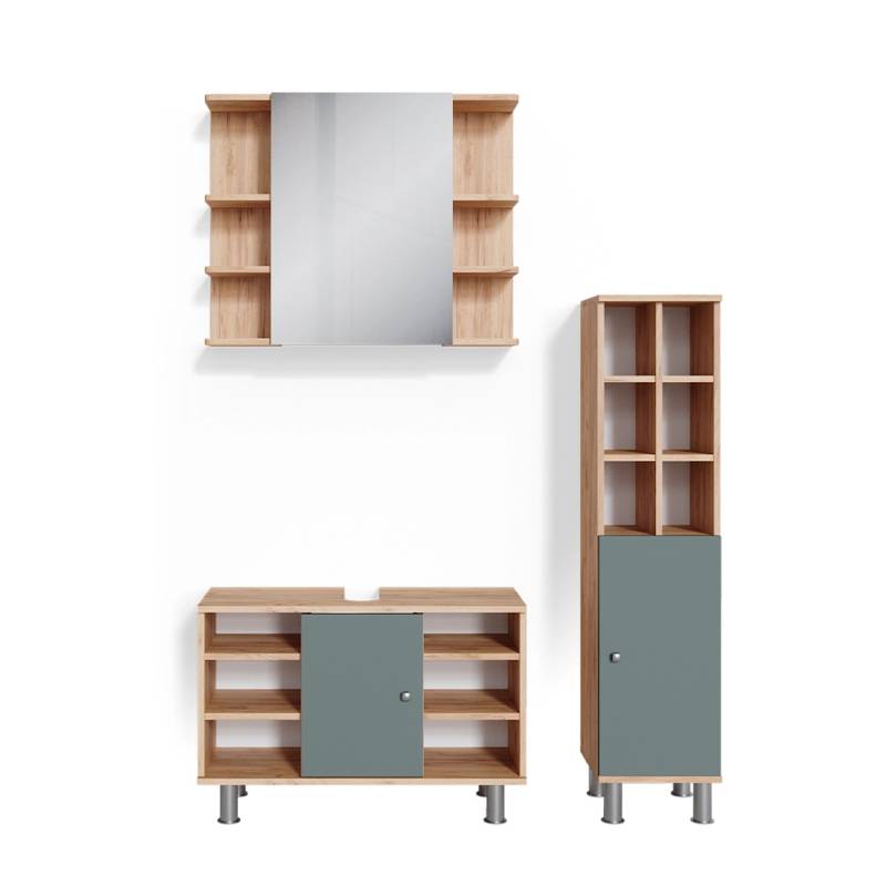 Vicco Badmöbel-Set Fynn Grün/Goldkraft Eiche 3 Teile mit Midischrank Tür Groß von Vicco