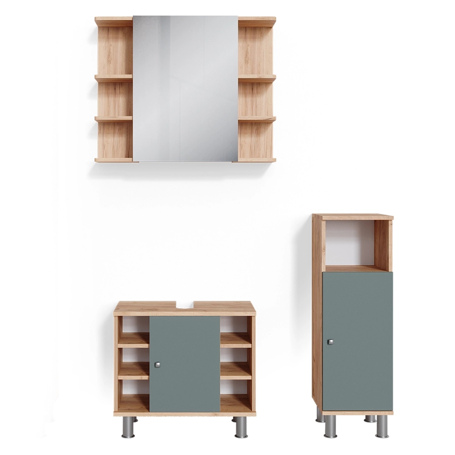 Vicco Badmöbel-Set Fynn Grün/Goldkraft Eiche 3 Teile mit Midischrank von Vicco