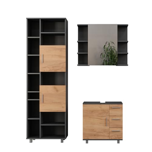 Vicco Badmöbel-Set Ilias, Anthrazit/Goldkraft Eiche, 3 Teile, mit Badschrank 190 cm Vicco Badmöbel-Set Ilias, Anthrazit/Goldkraft Eiche, 3 Teile, mit Badschrank 190 cm von Vicco
