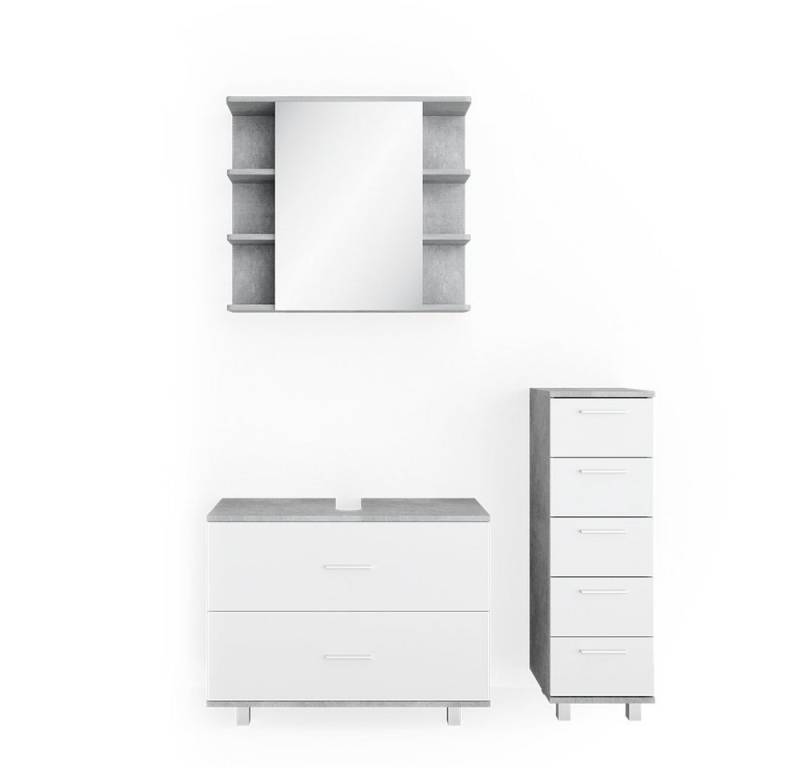 Vicco Badmöbel-Set Ilias, Beton/Weiß, 3 Teile, mit Unterschrank 80 cm, (3-er Set, 3-St., 3er Set) von Vicco