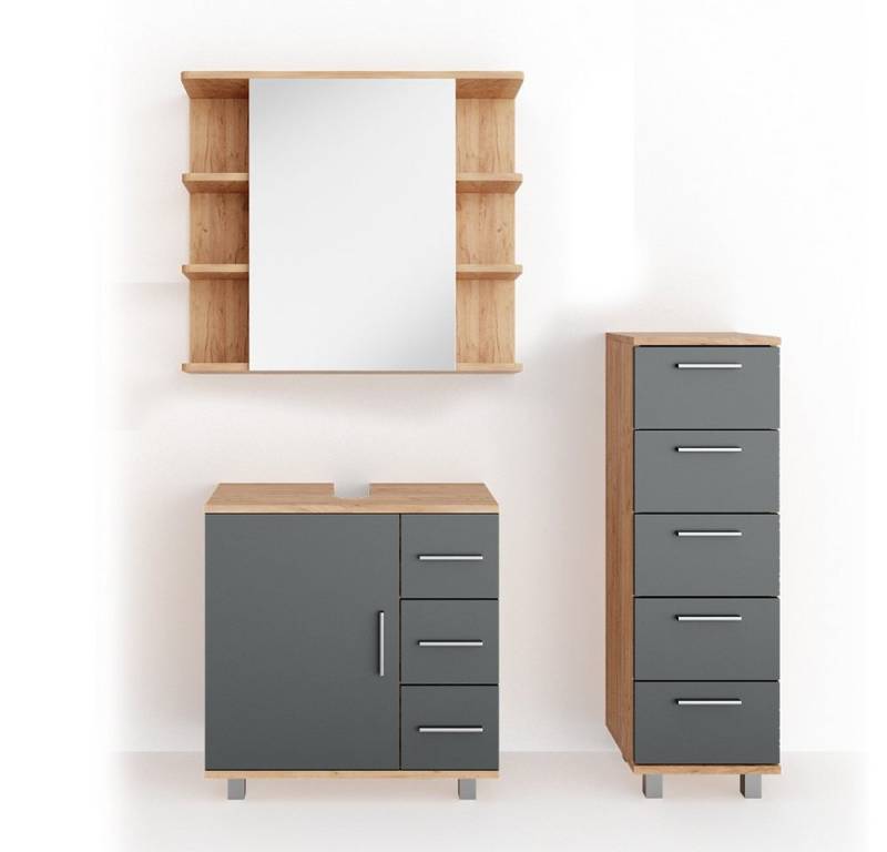 Vicco Badmöbel-Set Ilias, Eiche/Anthrazit, 3 Teile, mit Midischrank, (3-er Set, 3-St., 3er Set) von Vicco