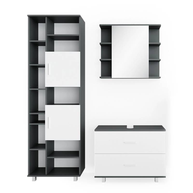 Vicco Badmöbel-Set Ilias Anthrazit/Weiß 3 Teile mit Hochschrank von Vicco
