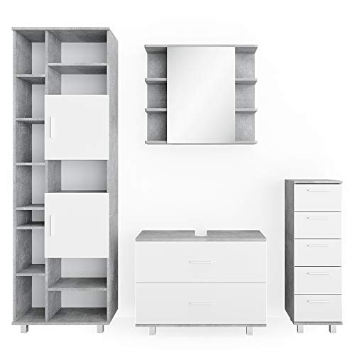 Vicco Badmöbel Set Ilias, Beton/Weiß, 4 Teile, mit Hochschrank von Vicco