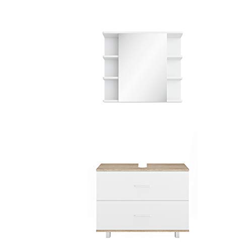 Vicco Badmöbel-Set Weiß/Sonoma Ilias, bestehend aus Bad Spiegelschrank, Waschbeckenunterschrank - mit Fächern für Flexible Aufbewahrung von Vicco
