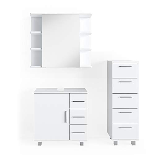 Vicco Badmöbel-Set Weiß Ilias, bestehend aus Bad Spiegelschrank, Waschbeckenunterschrank, Midischrank - mit Fächern für Flexible Aufbewahrung von Vicco