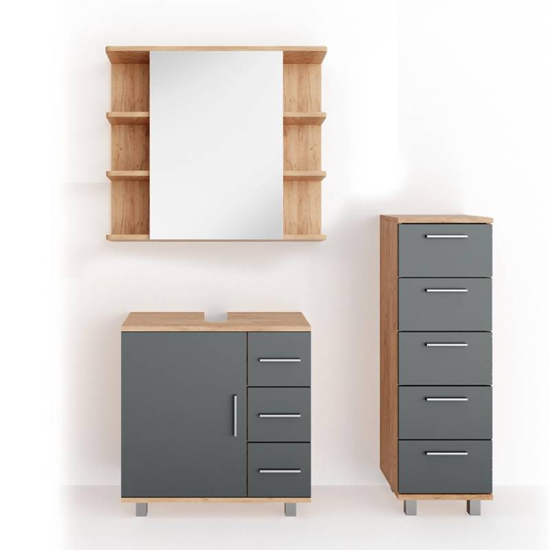 Vicco Badmöbel-Set Ilias Eiche/Anthrazit 3 Teile mit Midischrank von Vicco