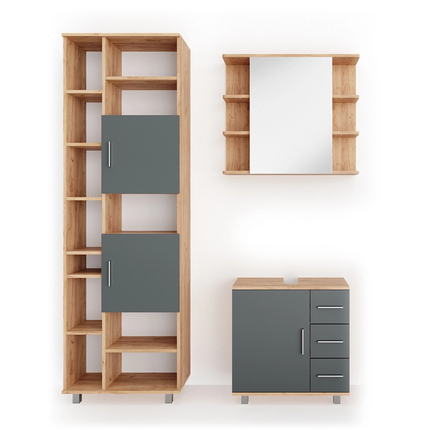 Vicco Badmöbel-Set Ilias Eiche/Anthrazit 3 Teile mit Unterschrank 60 cm von Vicco