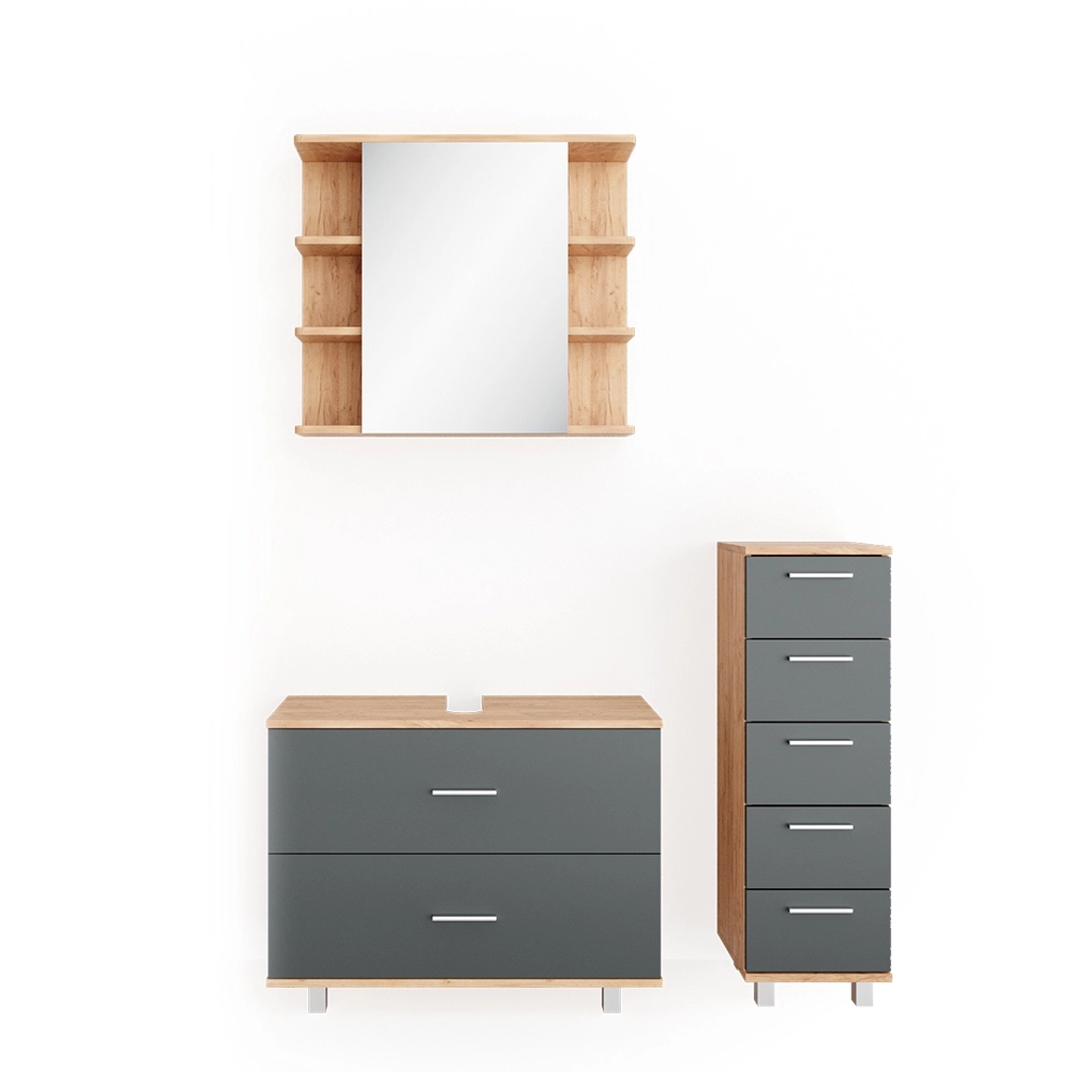 Vicco Badmöbel-Set Ilias Goldkraft Eiche/Anthrazit 3 Teile mit Unterschrank 80 cm von Vicco