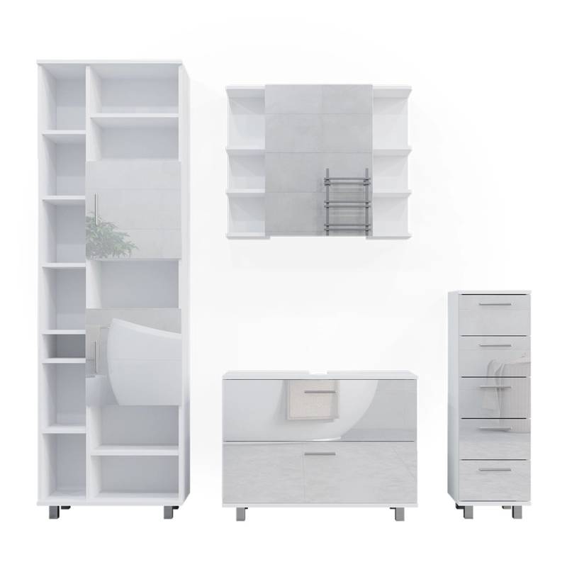 Vicco Badmöbel-Set Ilias Weiß Hochglanz 4 Teile mit Hochschrank von Vicco