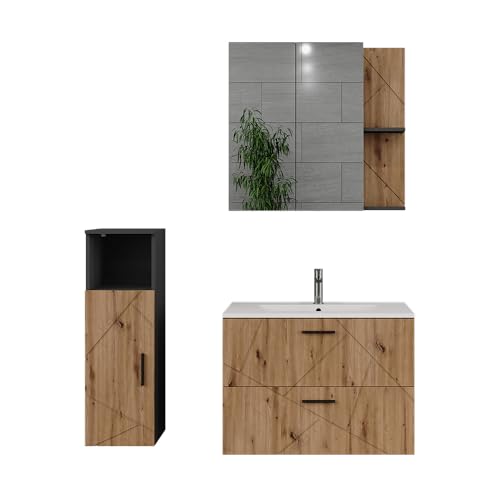 Vicco Badmöbel-Set Anthrazit/Artisan Irma, bestehend aus Waschbecken, Waschtischunterschrank, Spiegelschrank, Hängeschrank - Zeitloses Design passend zu jedem Einrichtungsstil von Vicco