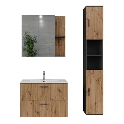Vicco Badmöbel-Set Anthrazit/Artisan Irma, bestehend aus Waschbecken, Waschtischunterschrank, Spiegelschrank, Hängeschrank - Zeitloses Design passend zu jedem Einrichtungsstil von Vicco