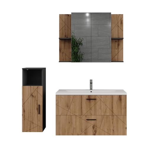 Vicco Badmöbel-Set Anthrazit/Artisan Irma, bestehend aus Waschbecken, Waschtischunterschrank, Spiegelschrank, Hängeschrank - Zeitloses Design passend zu jedem Einrichtungsstil von Vicco