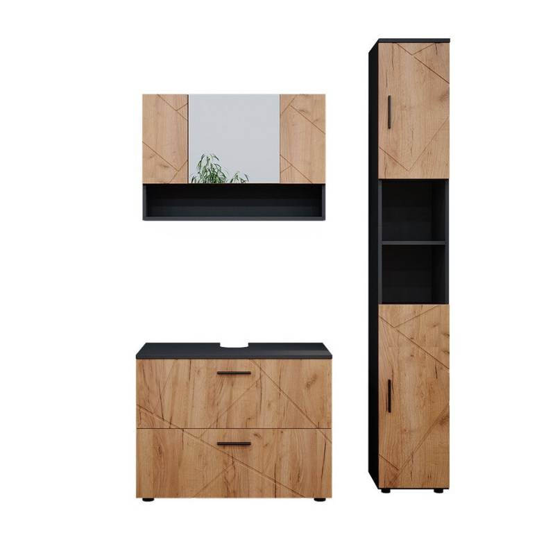 Vicco Badmöbel-Set Irma, Anthrazit/Eiche, 3 Teile, mit Spiegelschrank 80 cm, (3-St., 3er Set) von Vicco