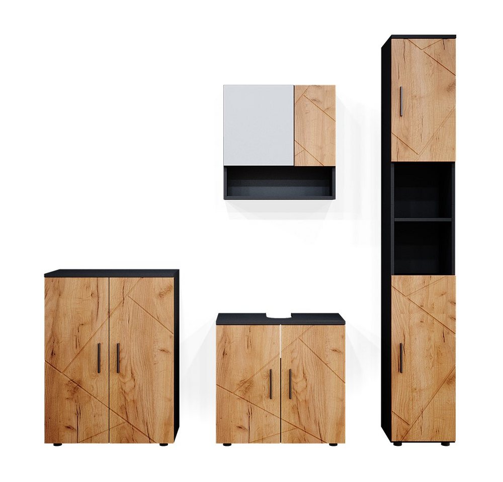 Vicco Badmöbel-Set Irma, Anthrazit/Eiche, 4 Teile, mit Hochschrank und Kommode, (4-er Set, 4-St., 4er Set) von Vicco