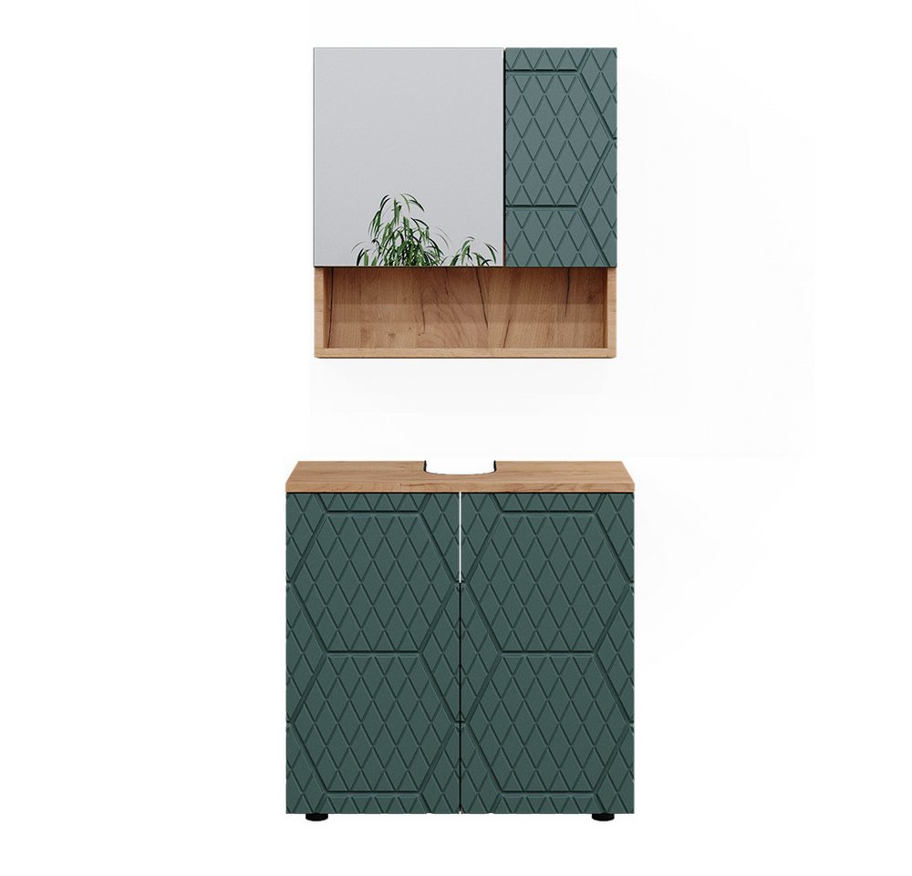Vicco Badmöbel-Set Irma, Goldkraft Eiche/Grün, 2 Teile, Unterschrank 60 cm, (3-er Set, 2-St., 2er Set) von Vicco