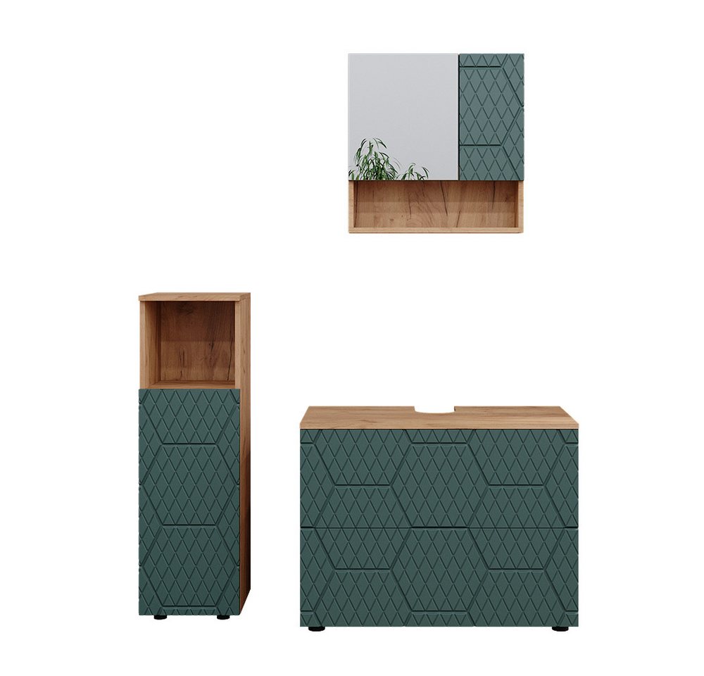 Vicco Badmöbel-Set Irma, Goldkraft Eiche/Grün, 3 Teile, mit Midischrank, (3-St., 3er Set) von Vicco
