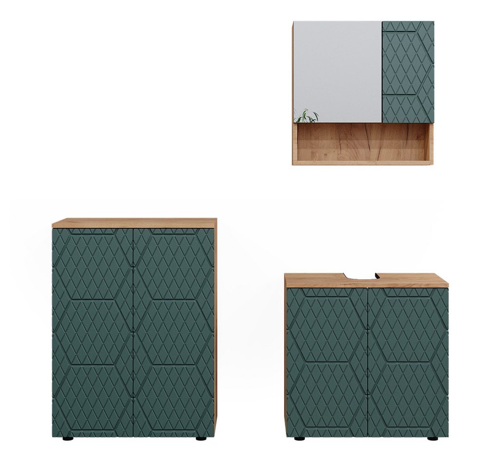 Vicco Badmöbel-Set Irma, Goldkraft Eiche/Grün, 3 Teile, mit Unterschrank 60 cm, (3-er Set, 3-St., 3-er Set) von Vicco