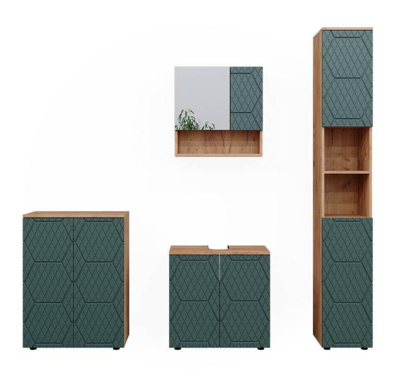 Vicco Badmöbel-Set Irma, Goldkraft Eiche/Grün, 4 Teile, mit Hochschrank und Kommode, (4-er Set, 4-St., 4-er Set) von Vicco