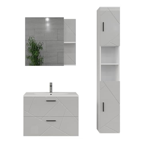 Vicco Badmöbel-Set Weiß/Weiß Hochglanz Irma, bestehend aus Waschbecken, Waschtischunterschrank, Spiegelschrank, Hängeschrank - Zeitloses Design passend zu jedem Einrichtungsstil Vicco Badmöbel-Set Weiß/Weiß Hochglanz Irma, bestehend aus Waschbecken, Waschtischunterschrank, Spiegelschrank, Hängeschrank - Zeitloses Design passend zu jedem Einrichtungsstil von Vicco
