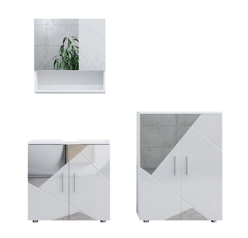 Vicco Badmöbel-Set Irma, Weiß Hochglanz mit Einsätzen, 3 Teile, mit Unterschrank 60 cm, (3-St., 3er Set), mit Dekospiegel von Vicco