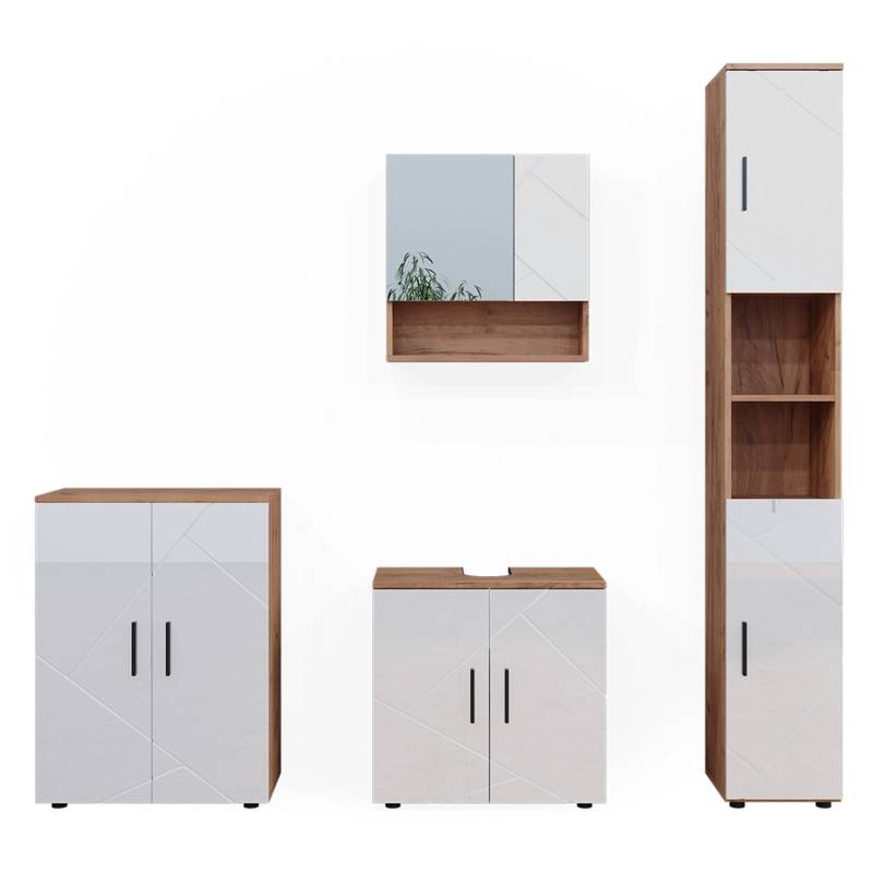 Vicco Badmöbel-Set Irma Eiche/Weiß Hochglanz 4 Teile mit Hochschrank und Kommode von Vicco