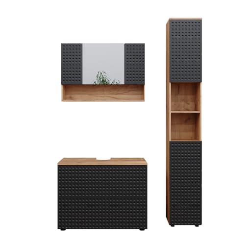 Vicco Badmöbel-Set Irma, Goldkraft Eiche/Anthrazit, 3 Teile, mit Spiegelschrank 80 cm von Vicco