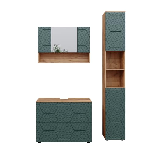Vicco Badmöbel-Set Irma, Goldkraft Eiche/Grün, 3 Teile, mit Spiegelschrank 80 cm von Vicco