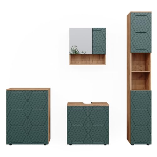 Vicco Badmöbel-Set Irma, Goldkraft Eiche/Grün, 4 Teile, mit Hochschrank und Kommode von Vicco