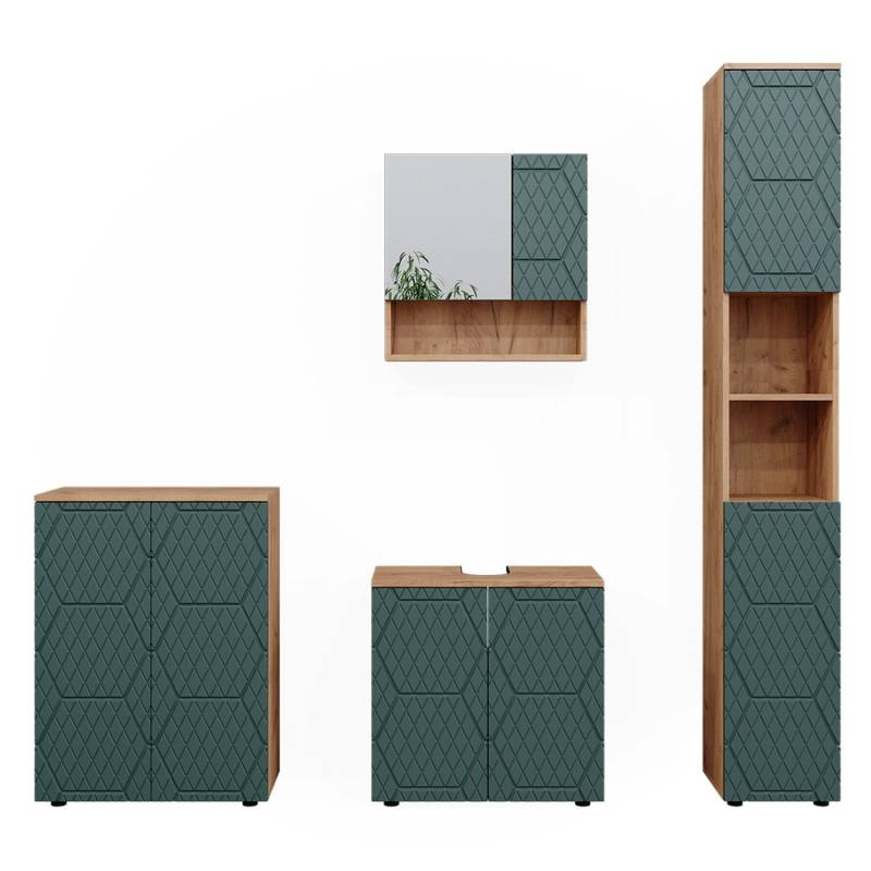 Vicco Badmöbel-Set Irma Goldkraft Eiche/Grün 4 Teile mit Hochschrank und Kommode von Vicco