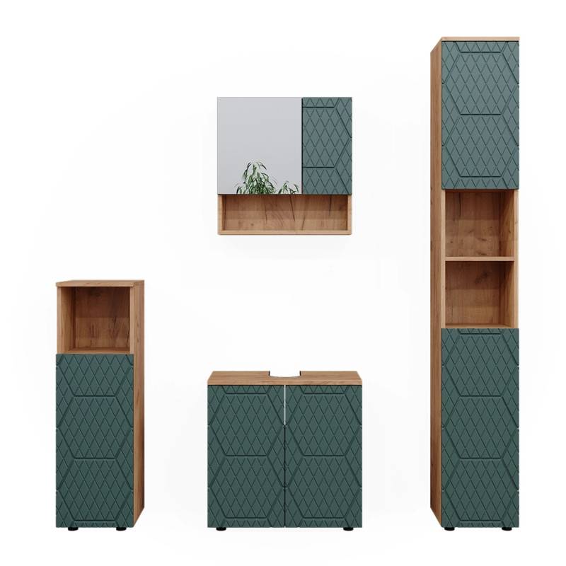 Vicco Badmöbel-Set Irma Goldkraft Eiche/Grün 4 Teile mit Hochschrank von Vicco