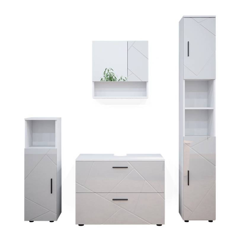Vicco Badmöbel-Set Irma Weiß Hochglanz 4 Teile mit Schubladenschrank und Hochschrank von Vicco