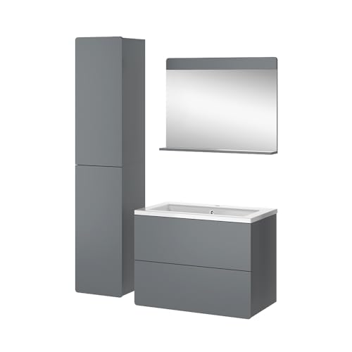 Vicco Badmöbel-Set Grau Izan, bestehend aus Waschbecken, Waschtischunterschrank, Spiegelschrank, Hängeschrank - Mehr Stauraum ohne Bodenfläche zu nutzen von Vicco