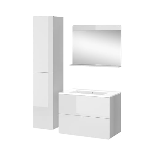 Vicco Badmöbel-Set Weiß Izan, bestehend aus Waschbecken, Waschtischunterschrank, Spiegelschrank, Hängeschrank - Mehr Stauraum ohne Bodenfläche zu nutzen von Vicco