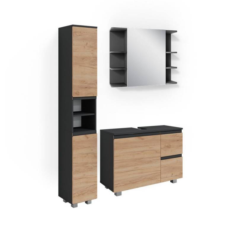 Vicco Badmöbel-Set J-Shape, Anthrazit/Eiche, 3 Teile, mit Hochschrank, (3-St., 3-er Set) von Vicco