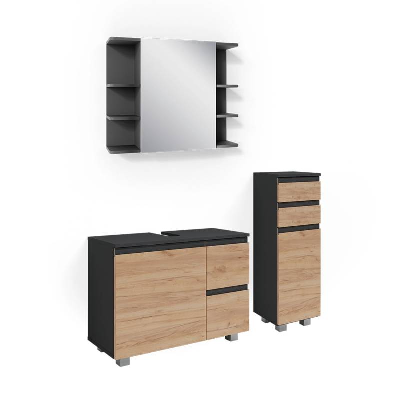 Vicco Badmöbel-Set J-Shape Anthrazit/Goldkraft Eiche 3 Teile von Vicco