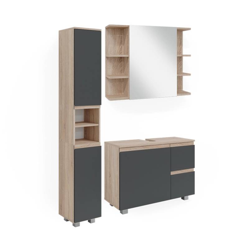 Vicco Badmöbel-Set J-Shape Sonoma/Anthrazit 3 Teile mit Hochschrank von Vicco