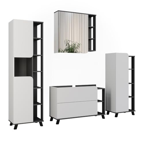 Vicco Badmöbel-Set Anthrazit/Weiß Karen, bestehend aus Badspiegelschrank, Waschbeckenunterschrank, Midischrank, Hochschrank - Offene und geschlossene Fächer für Flexible Aufbewahrung von Vicco